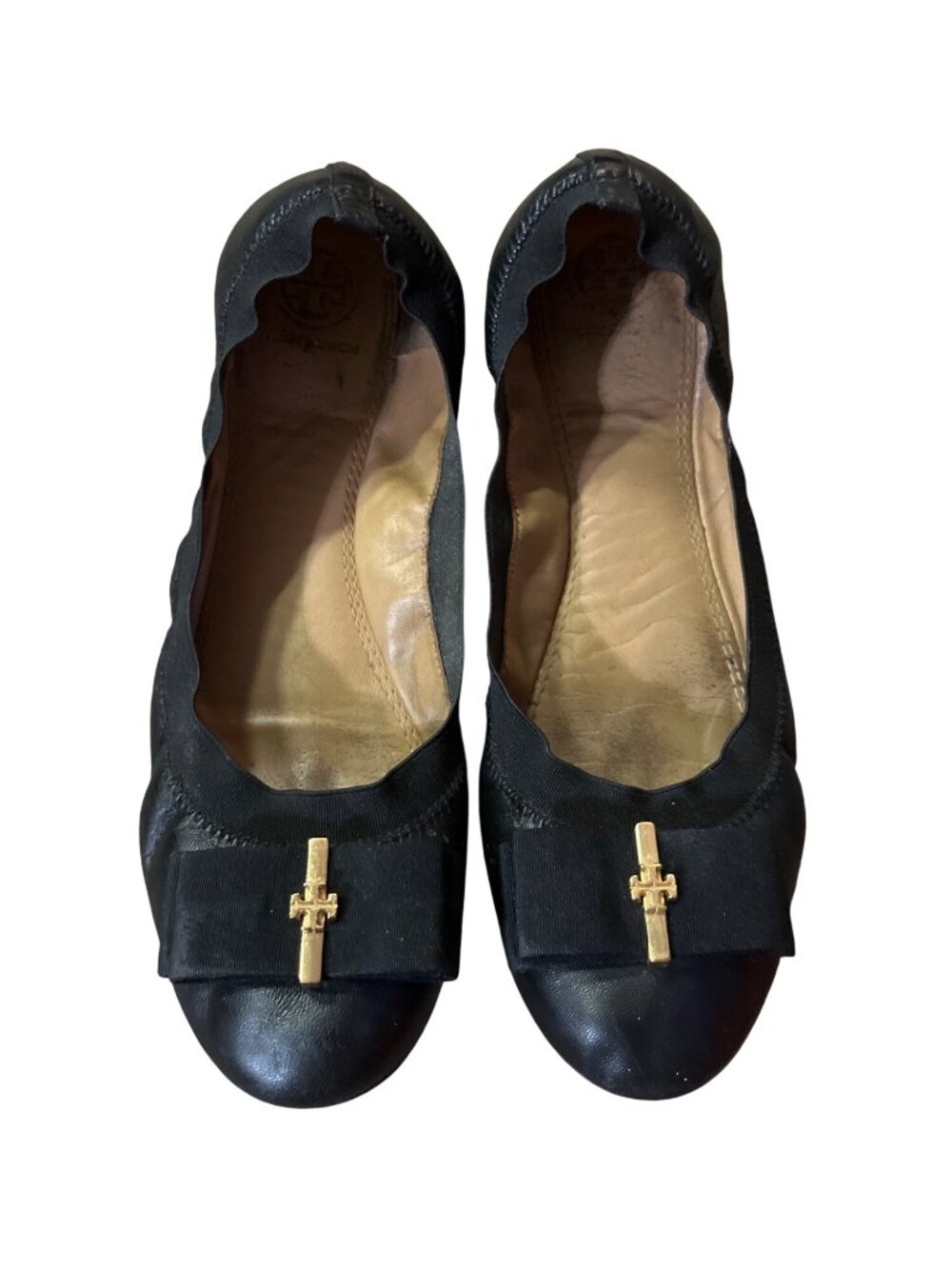 Tory Burch Black Leather Ballet Flats Gold Logo Women's Size 8.5 Used and Box